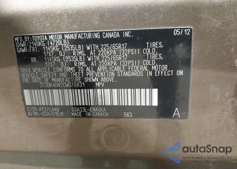 2012 Toyota Rav4 Limited V6 из США, поврежденный, VIN 2T3DK4DV2CW076831